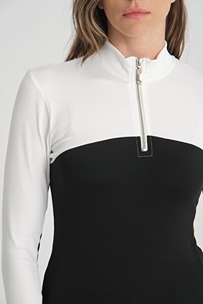 PEUR RIDER SHOP Γυναικείο μακρυμάνικο μπλουζάκι με φερμουάρ σε λευκό και μαύρο γαρνιτούρα - Rider