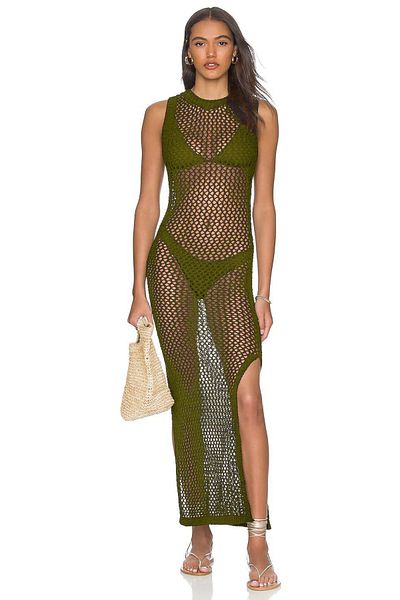 AQE FASHION Γυναικείο λουράκι με σχοινί με λαιμόκοψη, αμάνικο διχτυωτό σχίσιμο, χαμηλού κοψίματος μακρύ χακί φόρεμα παραλίας