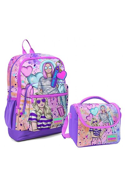 Coral High Four Compartment School Backpack and Lunch Set for Girl - Pink Purple Fashion Girl