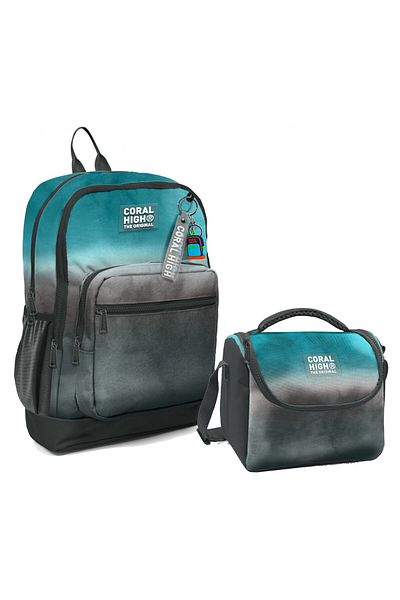 Coral High Rucsac de școală și set de prânz pentru băieți - Tie Dye în gri turcoaz, 4 compartimente