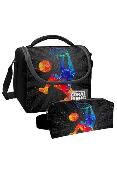 Coral High Boy's Gray Basketball Patterned Thermal Insulated Lunch Box and Pen Holder Set