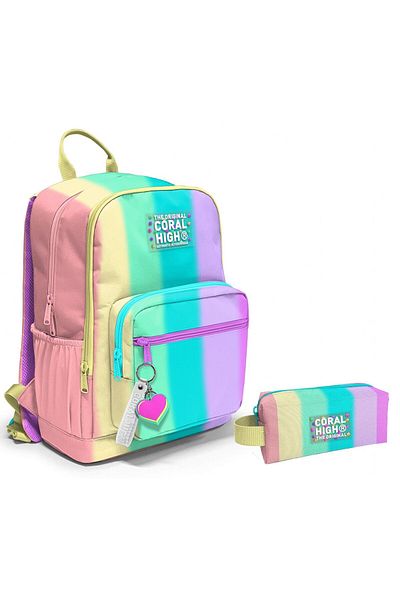 Coral High Four Compartment Middle School Backpack and Pen Holder Set - Colorful Stripes - Girls