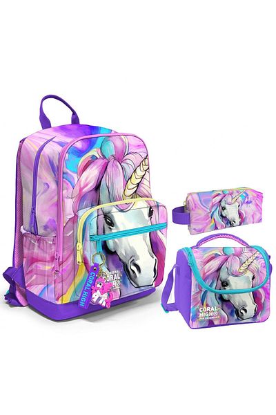 Coral High Set ghiozdan pentru fete Unicorn Triple - Scoala Primara si Gimnaziala