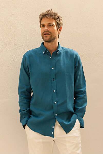 alenmeza Erkek %100 Keten Petrol Mavisi Düğmeli Yaka Modern Fit Cepsiz Gömlek
