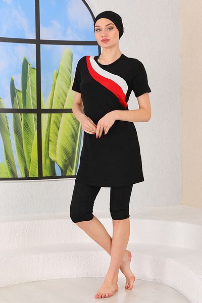 ASLINUR GİYİM Lycra Hijab Swimsuit - Semi Covered, Red/White Garni