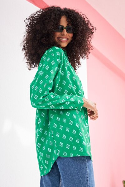 Orfeo Negro Geometric Patterned Oversized Jacquard Shirt Suitable for Hijab and Plus Size