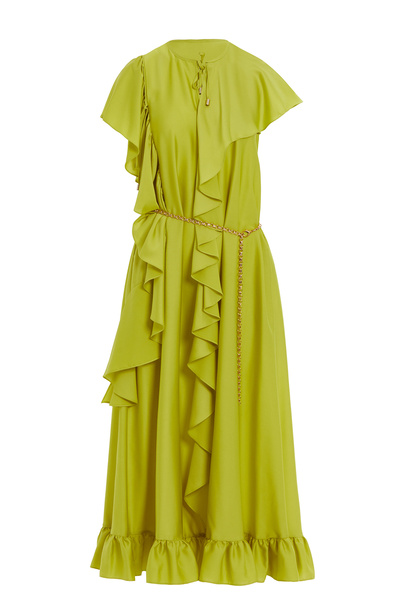 GİZİA Fırfırlı Bağlama Detaylı Kısa Kollu Uzun Yeşil Elbise