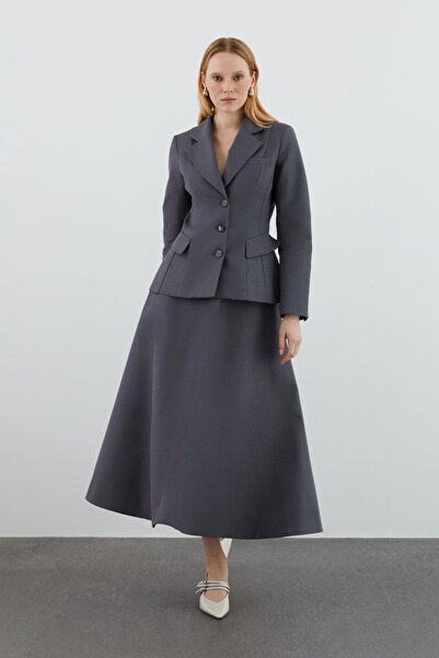 GİZİA Mono Kapamalı  Düğmeli Eteği Volanlı Gri Takım