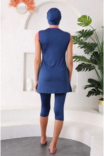 ASLINUR Navy Blue Piping Sleeveless Hijab Swimsuit - Gizil