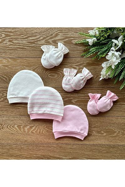 Renkli Puset Organic Set of 6 Newborn Baby Gloves and Hats Striped