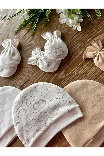 Renkli Puset Organic Set of 6 Newborn Baby Gloves and Hats Bulut