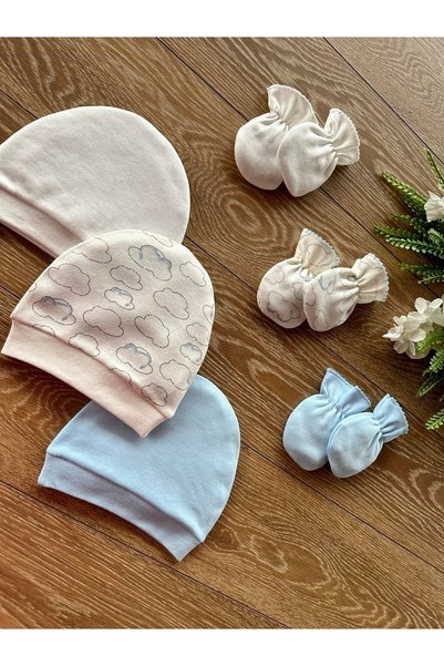 Renkli Puset Organic Set of 6 Newborn Baby Gloves and Hats Bulut