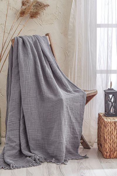 Medaillon Home Gray 4 Layer Muslin 100% Cotton Pique - Bedspread - TV Blanket 200x220