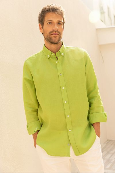 alenmeza Men's Pistachio Green Linen Shirt - Button Collar, Modern Fit, No Pocket