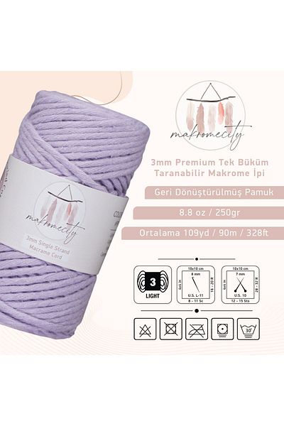 Makromecity Taranan Macrame Σχοινί 3mm Scallable Βαμβακερό Μακραμέ Σχοινί Μακραμέ Σχοινί Λιλά