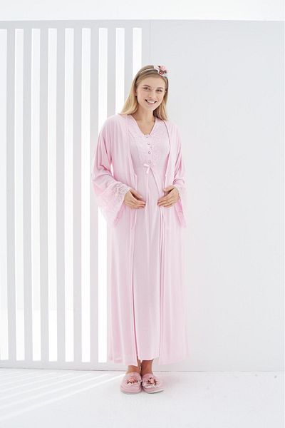 ERDENİZ TEKSTİL Maternity (PREGNANT) 2-Piece Pajamas and Dressing Gown Set - Sleeve Guipure Detailed