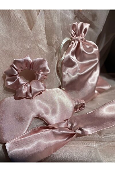 Golden Needle Pudra Pembe Saten Uyku Seti 4'lü Göz Bandı / Uyku Maskesi Toka ...