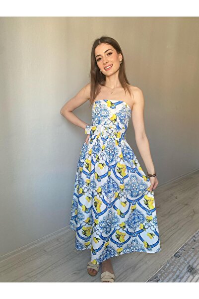 Niceboutique Straplez Kemerli Poplin Kumaş Çiçekli Elbise