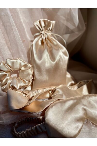 Golden Needle Kapiçino Saten Uyku Seti 4'lü Göz Bandı Uyku Maskesi Toka Banda...