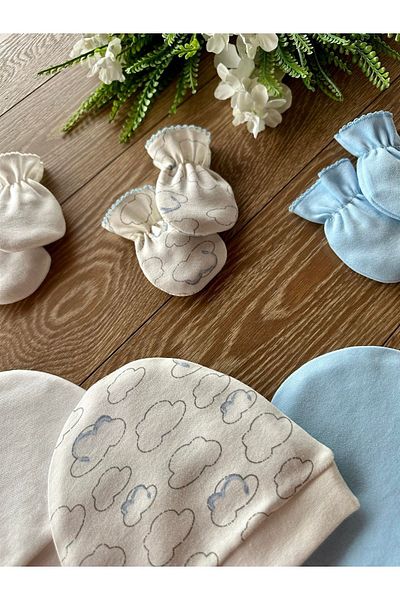 Renkli Puset Organic Set of 6 Newborn Baby Gloves and Hats Bulut