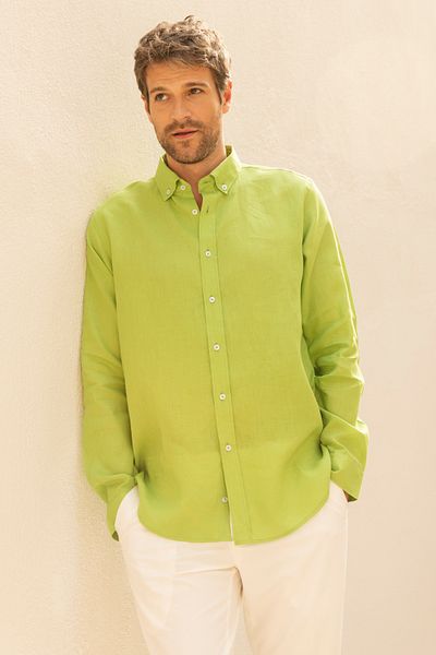 alenmeza Men's Pistachio Green Linen Shirt - Button Collar, Modern Fit, No Pocket
