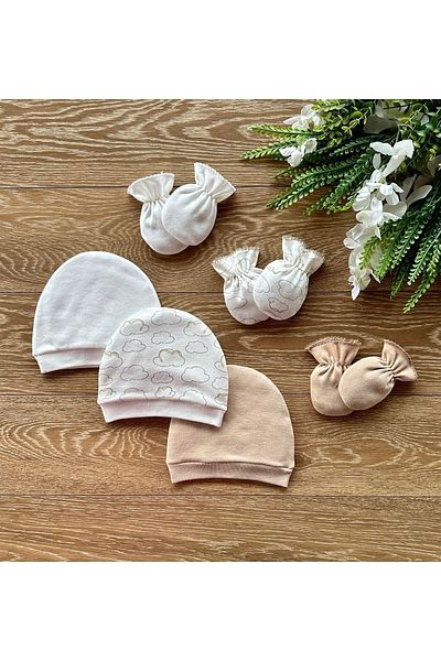 Renkli Puset Organic Set of 6 Newborn Baby Gloves and Hats Bulut