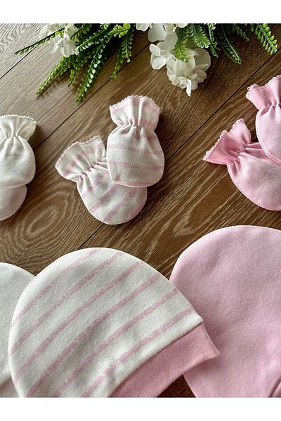 Renkli Puset Organic Set of 6 Newborn Baby Gloves and Hats Striped