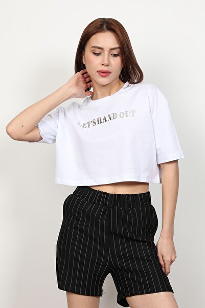 GİYSA Crop Top alb - Tricou cu imprimeu Let's Handout