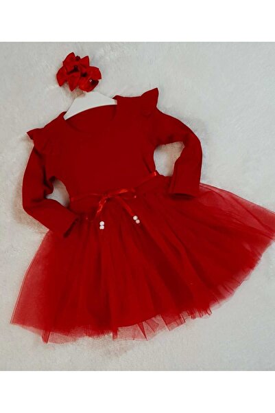 Retro Women Kız Çocuk Kırmızı Pamuklu Tül Uzun Kol Özel Gün Doğum Günü Abiye Günlük Prenses Elbise