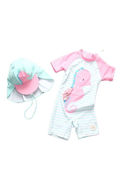 Petityu Upf50+ Sun Protection Girl Swimsuit Pink Mint White Hat Swimsuit Set