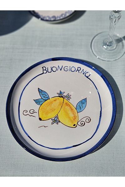 MeGgDecor 21cm Ceramic Plate - Lemon Patterned, Unshaped Form, Hand Painted ''Buongiorno''