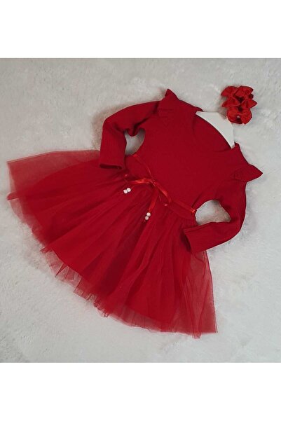 Retro Women Kız Çocuk Kırmızı Pamuklu Tül Uzun Kol Özel Gün Doğum Günü Abiye Günlük Prenses Elbise