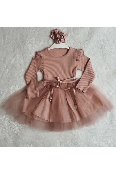 Retro Women Fata Copil Dusty Rose Tulle Bumbac Maneca Lunga Ocazie Speciala Ziua Zilei Rochie de Seara Cadou Rochie Printesa de zi cu zi