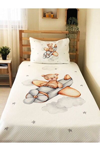 Evmila Uçaklı Ayı Desenli Bebek Ve Çocuk Baskılı Tek Kişilik Pike Takımı 160x...