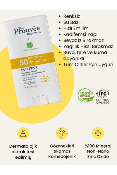 The Prouvee Reponses %100 Doğal 50+SPF Organik Güneş Stick 15ml (Sun Stick)