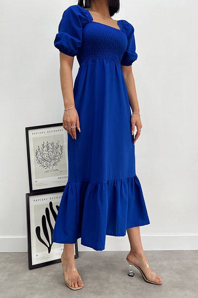 Neşeli Butik Rochie Saks Blue Poplin cu guler pătrat pentru femei - NBG018
