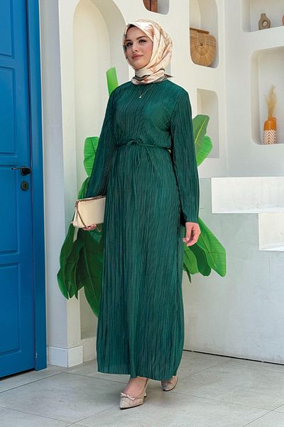 Bym Fashion Σμαραγδένιο Σατέν Πλισέ Φόρεμα - 3897