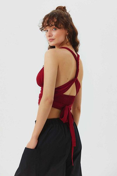 Clandestino Red Stylish Bohemian Crop Blouse - Tie-Up and Back Detail