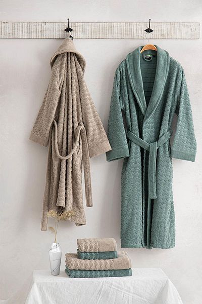 Green Black Aymira Μπεζ/Πράσινο "M-L" 100% Cotton Air Twist Σετ Οικογενειακό Μπουρνούζι 10 τεμαχίων