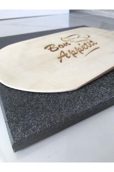MERMER MUTFAK Natural Basalt Baking Stone (30X30CM) & Wooden Baking Shovel - Baking Stone, Pizza Stone, Bread Barbecue Stone