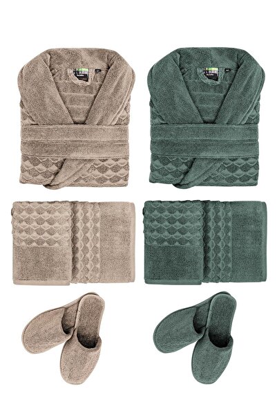 Green Black Aymira Μπεζ/Πράσινο "M-L" 100% Cotton Air Twist Σετ Οικογενειακό Μπουρνούζι 10 τεμαχίων