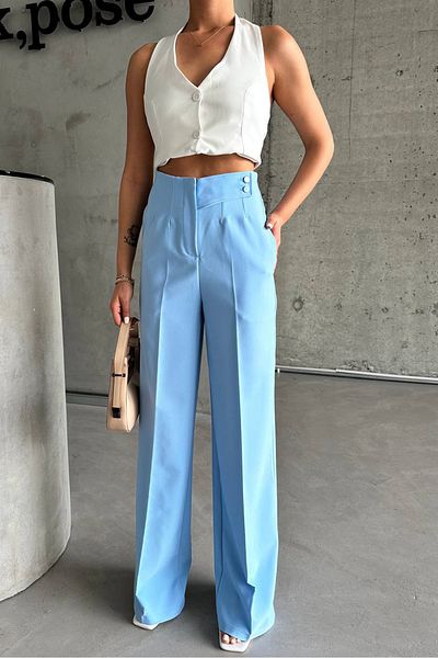 Ortaya Çık Pleated Palazzo Trousers - Blue, Button Detailed