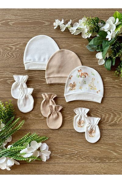 Renkli Puset Organic 6-Piece Newborn Baby Gloves Hat Set Bear Squirrel