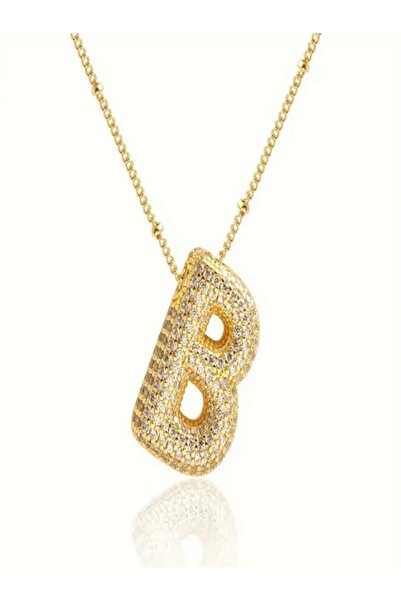 H&S AKSESUAR Kadın Çelik Gold Taşlı Balon Harf Kolye ( B HARFİ )