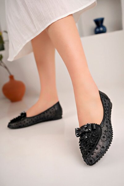 Nexs Balerini de damă cu dantelă neagră și cataramă cu stras