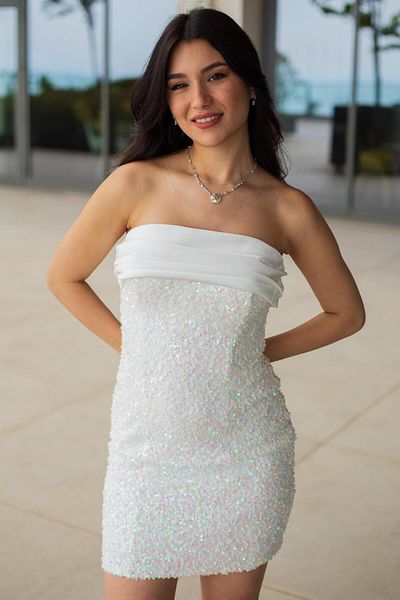 SpringStore Rochie de Seara Ecru fara bretele - Paiete Paiete