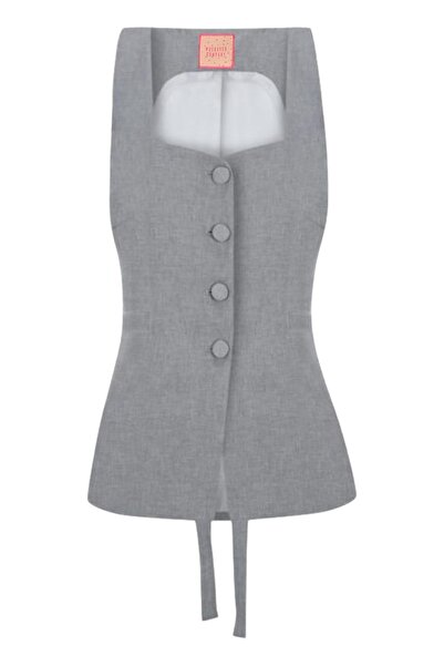 Whenever Company Gri Önden Dört Düğmeli Arkadan Bağlama Detaylı Yelek