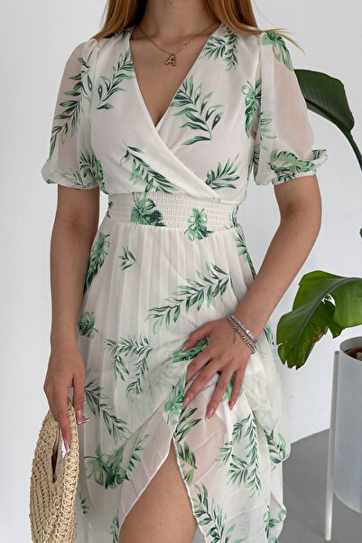 Neşeli Butik kadın yeşil yeni sezon piliseli yazlık şifon elbise NBQ005