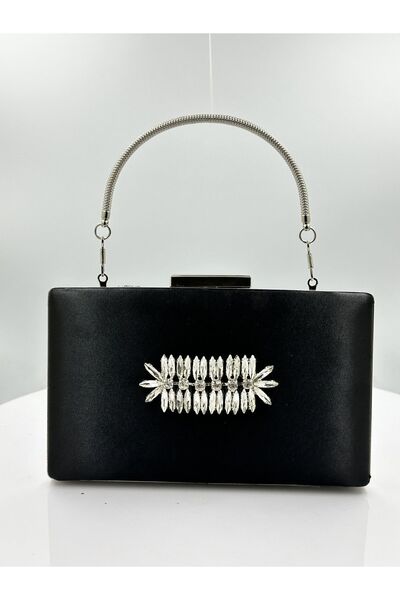 Generic Brand 2026 Trend Black Satin Silver Case with Stones Evening Dress Ba...