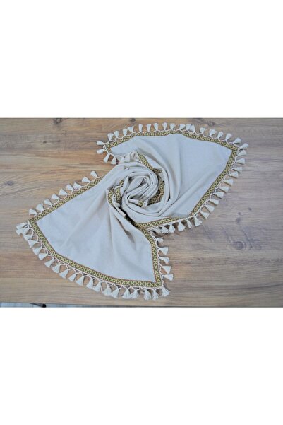 NDC HOME Special Design Raw Linen Cream Runner Table Cloth with Pompoms and Stripes